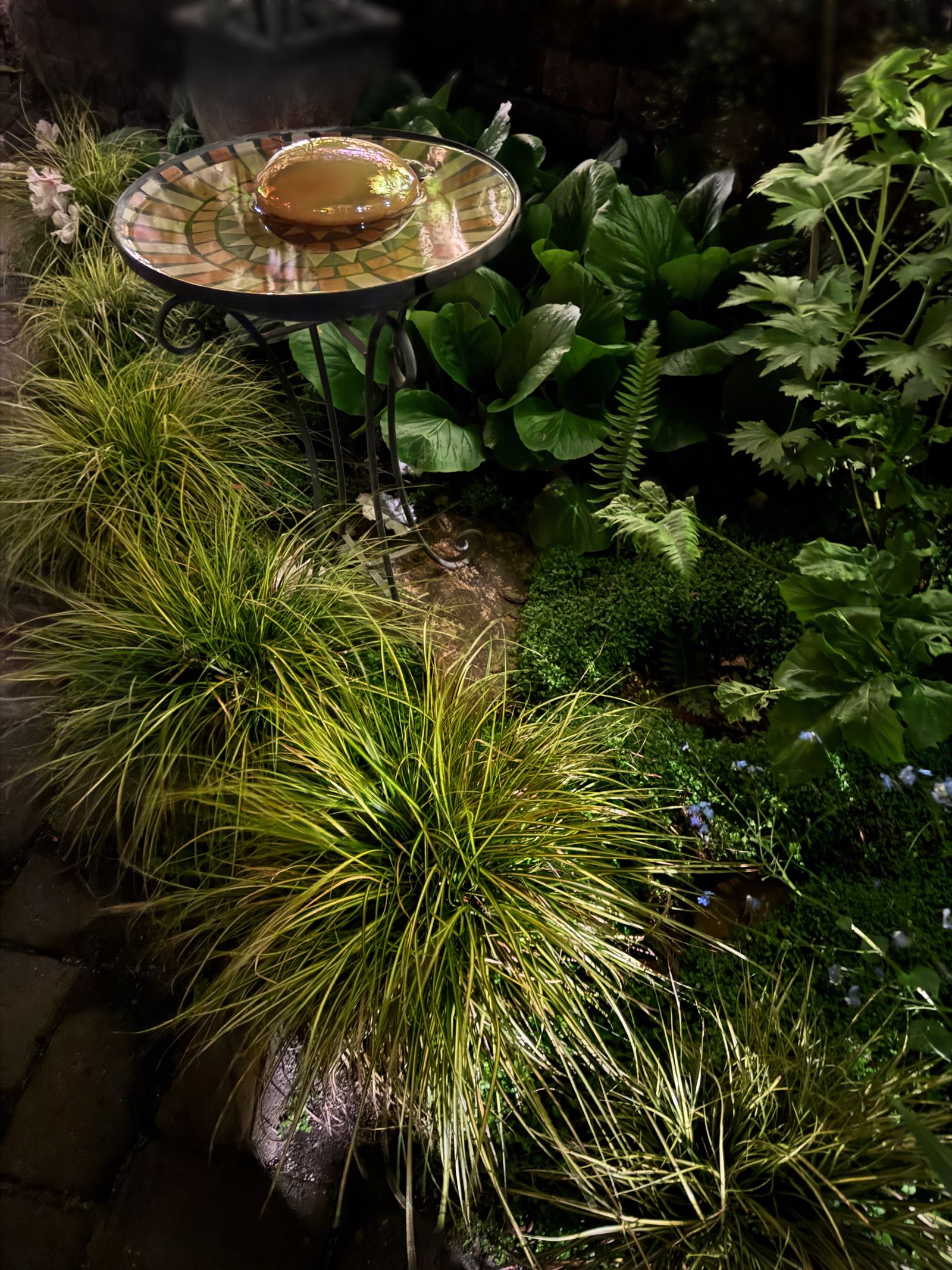 Ruhiger Garten mit Vogeltränke und üppiger Bepflanzung