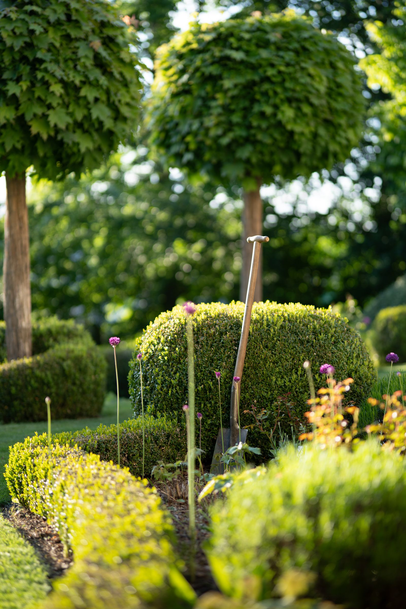 Gartengestaltung mit Spaten in frisch angelegtem Beet